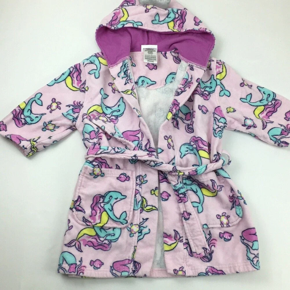 Saint Eve Girls Multicolor Mermaid Open Front Belted Hooded Swim Bathrobe Sz XXS